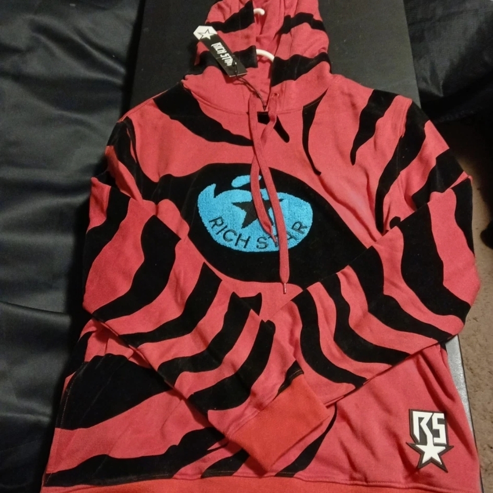 New Rich Star Blue Eyed Red Tiger Stripe Jacket Pullover Hoodie Men's Size XL